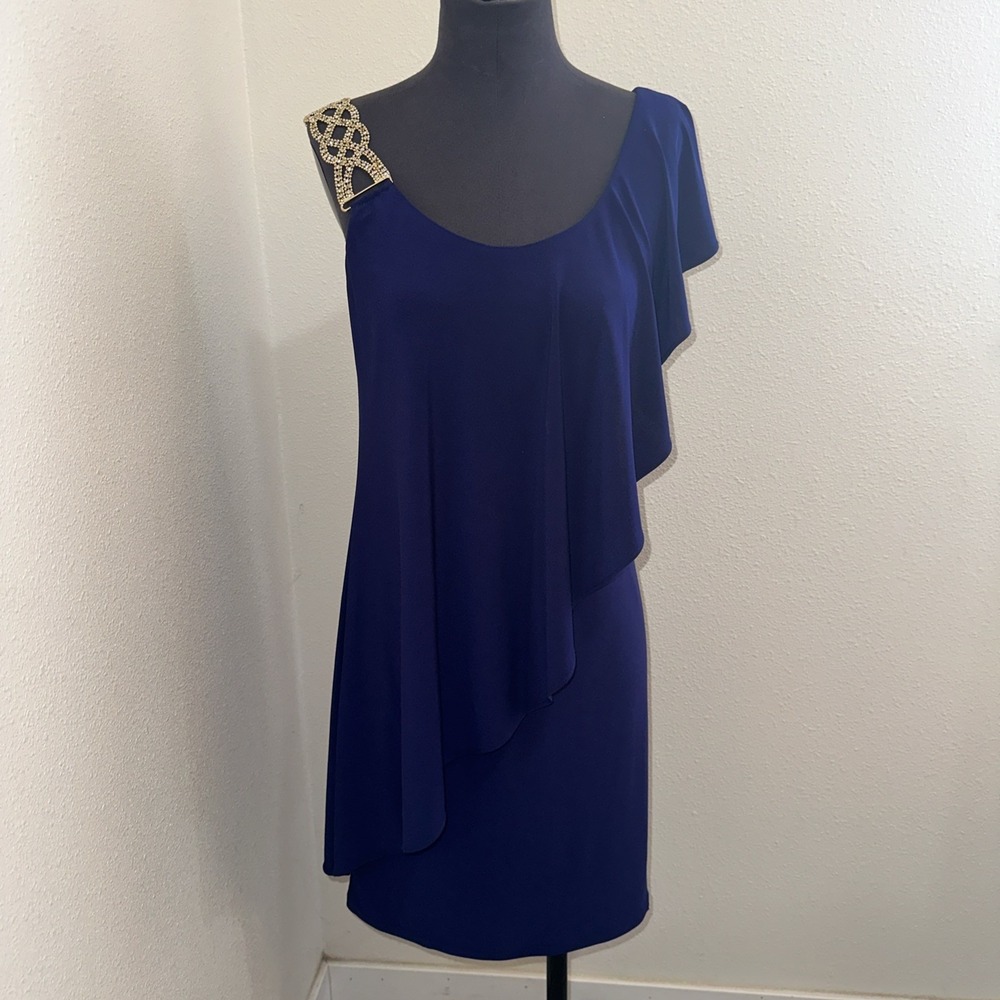Betsy & Adam Navy Blue Gold Metal Mesh‎ Ruffle One Shoulder Sheath Dress Size 6